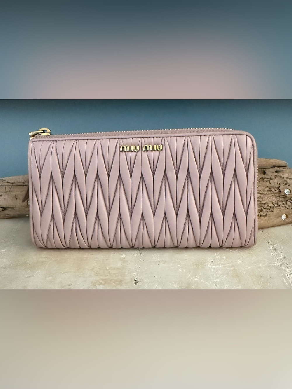 Miu Miu Blush Pink Matelassé Napa Leather Zip Wallet with Gold Logo